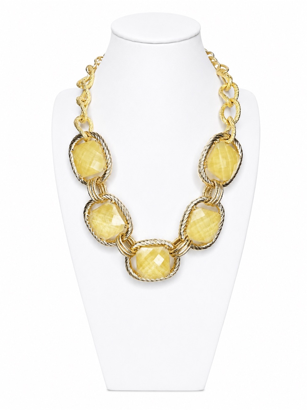 Vintage Statement Necklace Gold Tone Rope Link & Faceted Cream Stone